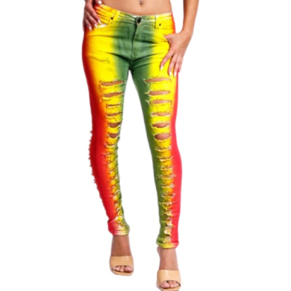 GLORY DENIM Tie Dye Ripped Jean - Red - Yellow - Green  size 15